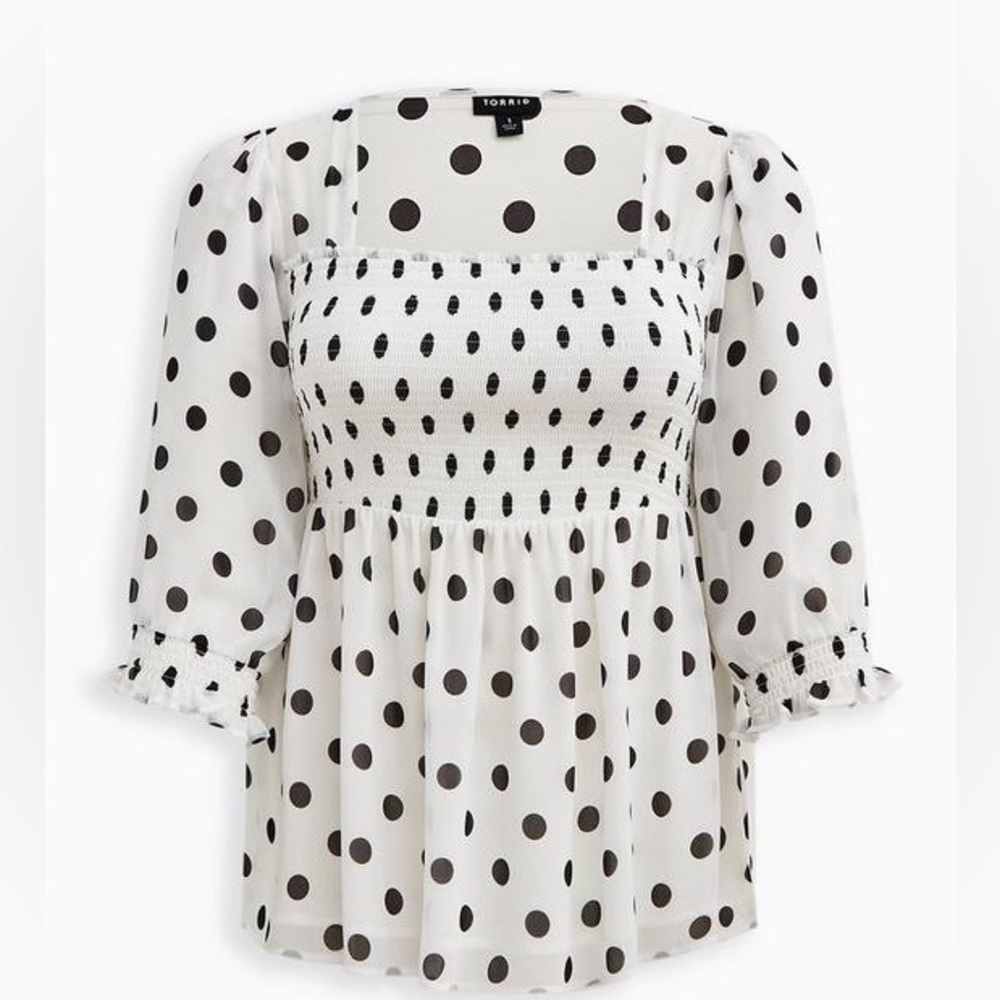 Torrid black & white polka dot Babydoll Chiffon Smocked Top. Plus size 5